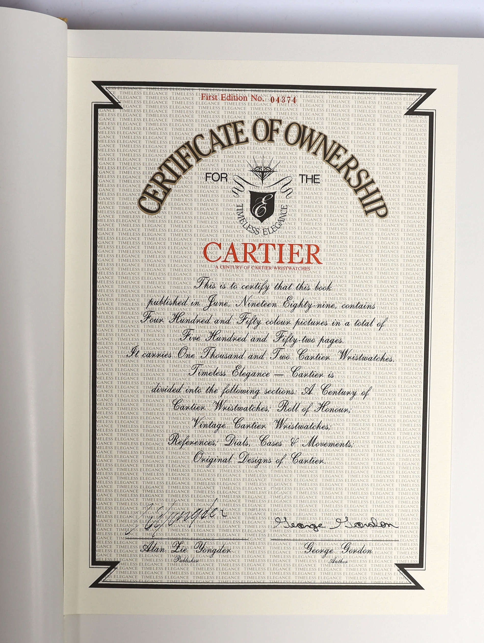 George Gordon- A Century of Cartier Wristwatches, published in 1989, with certificate.